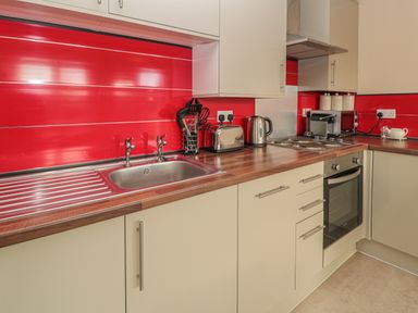 A kitchen with a stainless steel sink toaster kettle oven stove and red backsplash at Vallum Kiosk in Haltwhistle