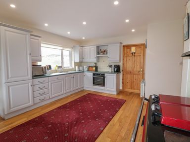 A kitchen with white cabinets green countertops a red rug on wooden floor and a wooden door at Ranny Roe in Portsalon County Donegal