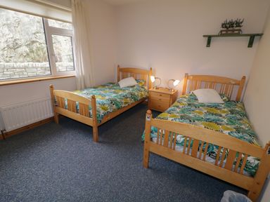 A bedroom with two single wooden beds with green leaf patterned bedding and a small wooden nightstand with lamps at Ranny Roe in Portsalon County Donegal
