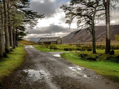 A dirt road with puddles leading to a stone building surrounded by trees and mountains at Otter Lodge in Feshiebridge near Aviemore
