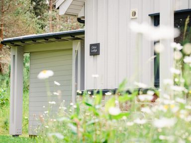 The exterior corner of a light-colored building with wildflowers in the foreground at Otter Lodge in Feshiebridge near Aviemore