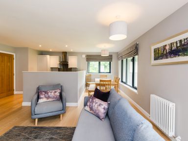 A living room with a sofa and armchair facing a dining table and kitchen at Otter Lodge in Feshiebridge near Aviemore