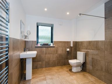 A bathroom with a sink and toilet and a frosted window at Otter Lodge in Feshiebridge near Aviemore