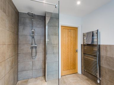 A bathroom with a walk-in shower with glass partition a wooden door and a wall-mounted towel radiator with a towel at Otter Lodge in Feshiebridge near Aviemore