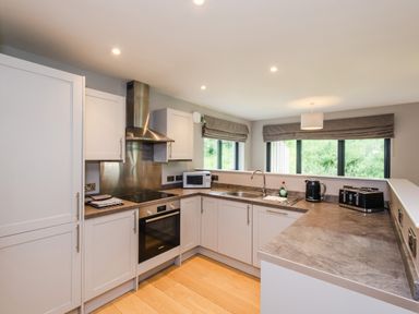 A kitchen with white cabinets a stove oven microwave sink kettle and toaster at Otter Lodge in Feshiebridge near Aviemore