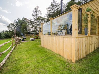 A wooden cabin with a deck and glass railing on a green lawn with outdoor barbecue and trees at High Rigg Shepherd's Retreat in Brampton Cumbria