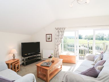 A living room with a sofa a coffee table and a television near a balcony door at The Cider Shed in Winscombe