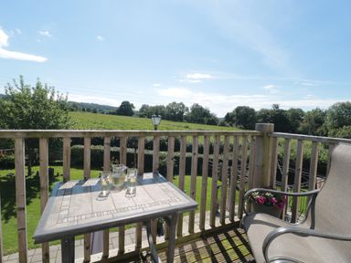 A balcony with a table and chairs overlooking a green field with trees and a blue sky at The Cider Shed in Winscombe