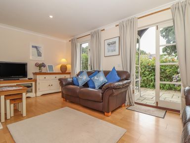 A living room with a leather sofa and blue cushions next to a glass door leading outside at Deja Blue in Falmouth