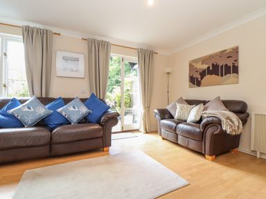 A living room with two leather sofas with cushions and a rug at Deja Blue in Falmouth