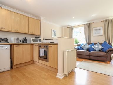 An open kitchen with wooden cabinets appliances and a brown leather sofa with blue pillows in the living area at Deja Blue in Falmouth