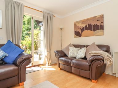 A living room with brown leather sofas blue and beige cushions a floor lamp and glass doors leading to a garden at Deja Blue in Falmouth