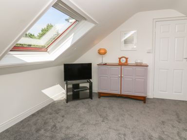 A room with a skylight window a television on a stand a cabinet a lamp and a clock at Little Valley View in Angarrack