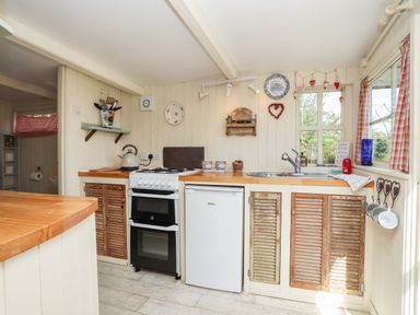 A kitchen with a stove refrigerator sink and wooden cabinets at Songbird Hideaway in Pwllheli
