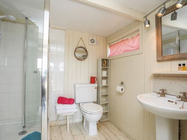 A bathroom with a shower cubicle a toilet a pedestal sink and shelves at Songbird Hideaway Pwllheli
