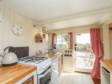 A kitchen with a stove kettle and sink and a door with red check curtains at Songbird Hideaway Pwllheli