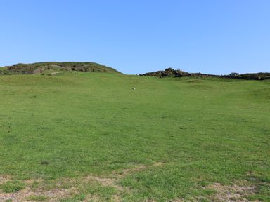 A grassy field with small hills under a clear blue sky at Rosebank Cottage in Mortehoe