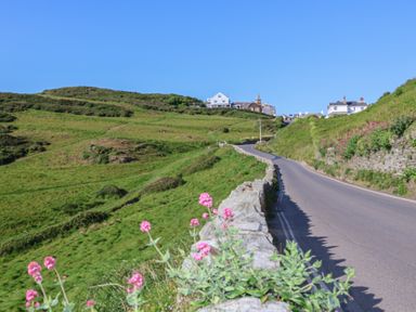 A curved road with stone walls along grassy hills and pink flowers with houses on the hilltop at Rosebank Cottage in Mortehoe