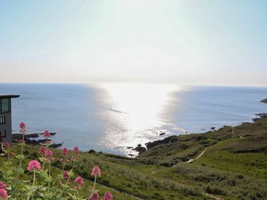 A coastal landscape with green hills and pink flowers overlooking the ocean at Rosebank Cottage in Mortehoe