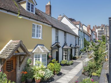 A row of terraced houses with small front gardens and potted plants along a narrow sidewalk