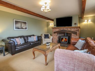 A living room with sofas a coffee table a fireplace and a television at Hunters Moon in Tenbury Wells