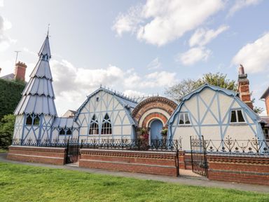 An exterior view of a house with a unique architectural design at Hilltop House in Tenbury Wells