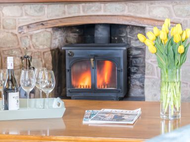 A wooden table with a bottle of wine and glasses on a tray yellow tulips in a vase and magazines in front of a wood burning stove at The Chestnuts in Tenbury Wells