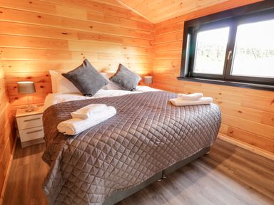 A bedroom with a double bed two bedside tables and a window at Bryn Eiddon Log Cabin in Machynlleth