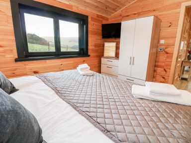 A bedroom with a bed framed by wooden walls and ceiling a window a wardrobe a chest of drawers with a mirror and a mounted television at Bryn Eiddon Log Cabin in Machynlleth