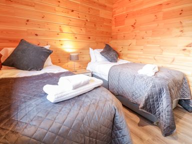 A bedroom with two single beds with grey quilts and pillows and a bedside table with a lamp at Bryn Eiddon Log Cabin in Machynlleth