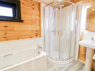 A bathroom with a white bathtub a glass shower enclosure and a pedestal sink at Bryn Eiddon Log Cabin in Machynlleth