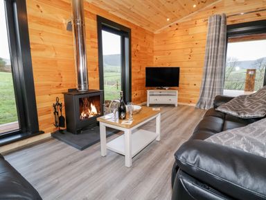 A living room with a wood burning stove television coffee table and black leather sofa at Bryn Eiddon Log Cabin Machynlleth