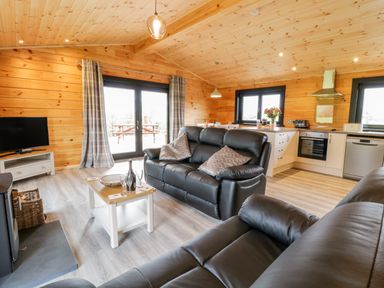 A living area with black leather sofas a coffee table with drinks a TV a kitchen with appliances and a dining table at Bryn Eiddon Log Cabin in Machynlleth