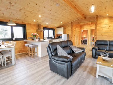 An open plan living area with black leather sofas dining table kitchen island and wooden walls at Bryn Eiddon Log Cabin in Machynlleth