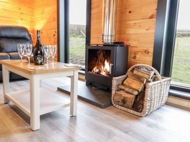 A living area with a wood burning stove a basket of firewood a coffee table with wine glasses and bottle and a leather chair at Bryn Eiddon Log Cabin in Machynlleth