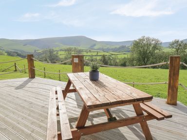 A wooden picnic table with a potted plant on a deck overlooking green hills and trees at Bryn Eiddon Log Cabin in Machynlleth