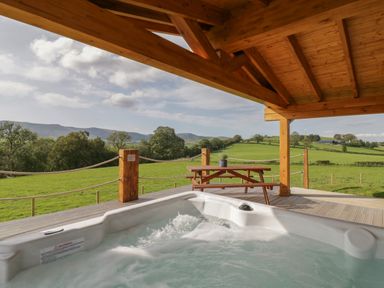 A covered outdoor deck with a hot tub and wooden picnic table overlooking green fields and hills at Bryn Eiddon Log Cabin in Machynlleth