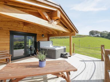 A wooden deck with picnic table, potted plant, hot tub, bench, and glass doors opening to a grassy hillside at Bryn Eiddon Log Cabin in Machynlleth