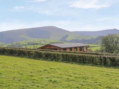 A wooden cabin behind a hedge with green fields and hills in the background at Bryn Eiddon Log Cabin in Machynlleth