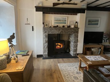 A living room with a fireplace and a television at Tyddyn Serri in Rhosneigr