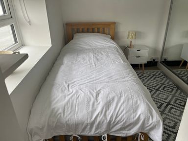 A bedroom with a single bed and a bedside table at Tyddyn Serri in Rhosneigr