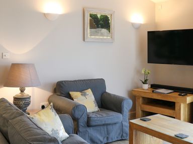 A living room with grey armchairs, a sofa, a lamp, a wooden coffee table, a TV on a wooden stand, and a framed picture on the wall at Tarn Lodge in Bowness-On-Windermere