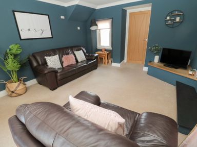 A living room with two brown leather sofas a wall mounted tv a plant and a door at Changing Tide in Beadnell