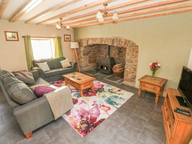 A living room with two sofas a coffee table a wood stove and a television at Little Brook Cottage in Laugharne