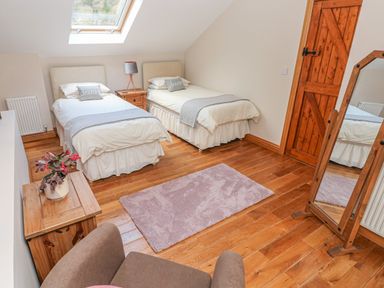 A bedroom with two single beds bedside table lamp rug wooden door and full length mirror at Little Brook Cottage in Laugharne