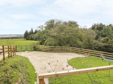 A fenced gravel driveway with green grass and trees in the background at Castle View Cabin in Cloughton
