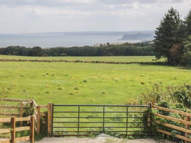 A green field with a metal gate and wooden fence overlooking the sea at Castle View Cabin in Cloughton