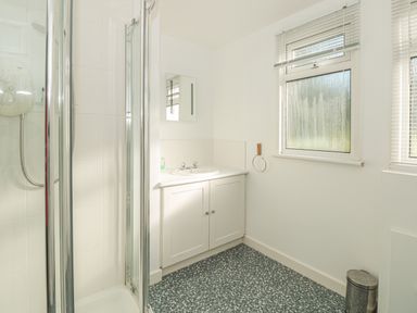 A bathroom with a shower enclosure a sink with cabinetry a mirror two windows and a trash bin at 304 Norton Park Dartmouth