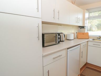 A kitchen countertop with microwave kettle toaster and bread box by a window at 304 Norton Park in Dartmouth