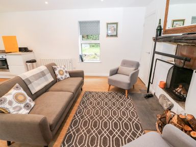 A living room with a sofa armchair patterned rug and fireplace at Kealduff Lower in Glenbeigh County Kerry